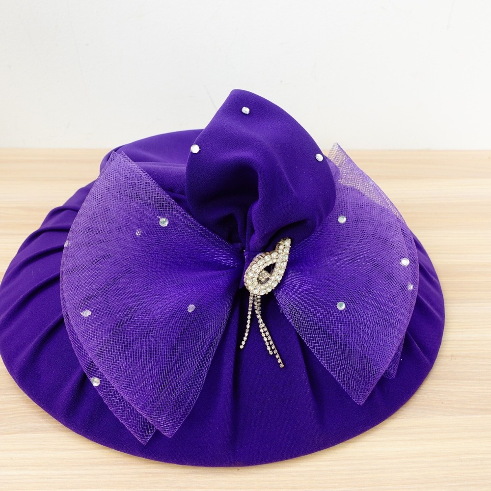 Vintage‎ CARAMIA Hats Fascinator Royal Blue Wide Brim Tea Party Crystal Stud Bow